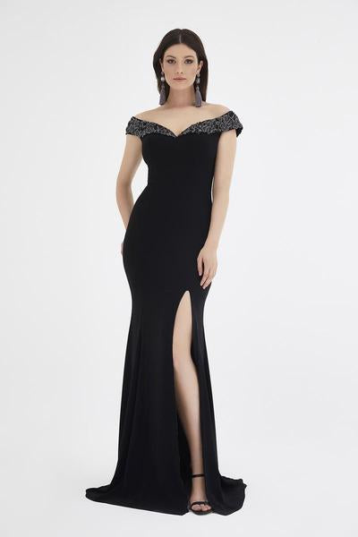 Saboroma - 4555 Lace Appliqued Foldover High Slit Gown In Black