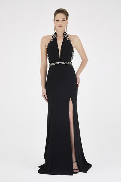 Saboroma - 4570 Bead-Trimmed Plunging Halter High Slit Gown In Black