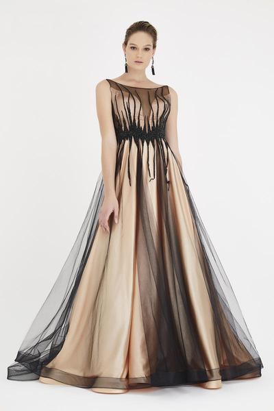 Saboroma - 4561 Beaded Illusion Pleated A-Line Dress In Gold