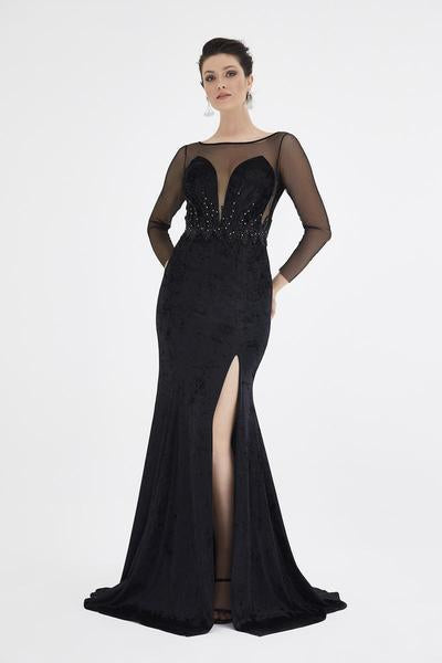 Saboroma - 4564 Embellished Illusion Bateau Trumpet Dress In Black