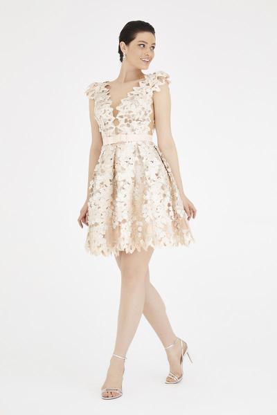 Saboroma - 4565 Applique Deep V-neck A-line Dress In Pink