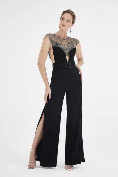 Saboroma - 4572 Bead Embellished Jumpsuit with Slit In Black
