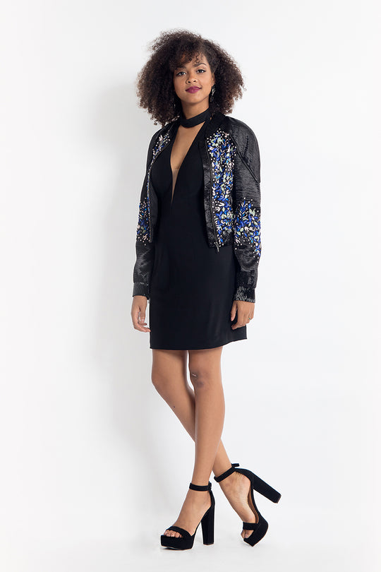 Rachel Allan Short - 4577 Plunging Choker Dress with Bomber Jacket in Black