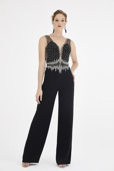 Saboroma - 4577 Texture Beaded Illusion Plunge Jumpsuit In Black