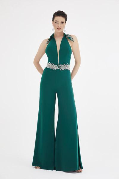 Saboroma - 4580 Plunging Halter Split Flare Jumpsuit In Green