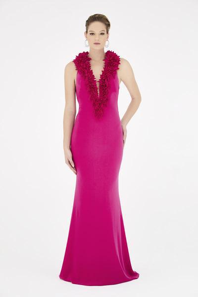 Saboroma - 4583 Fringed Blossom Appliqued Plunging Gown In Pink