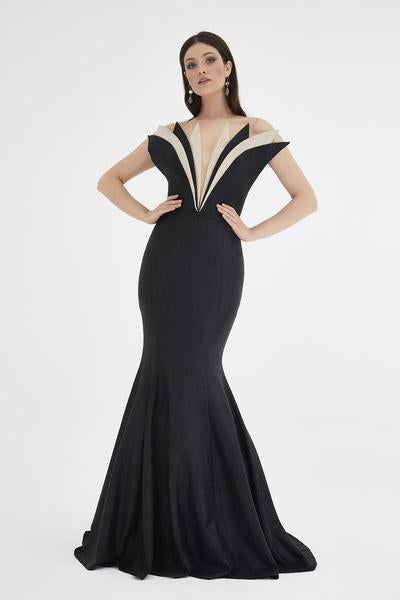 Saboroma - 4584 Two Tone Deep V-neck Mermaid Dress In Black and Gold