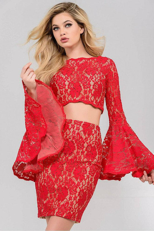 Two-Piece Lace Bell Sleeve Bateau Neck Sheath Dress 45895