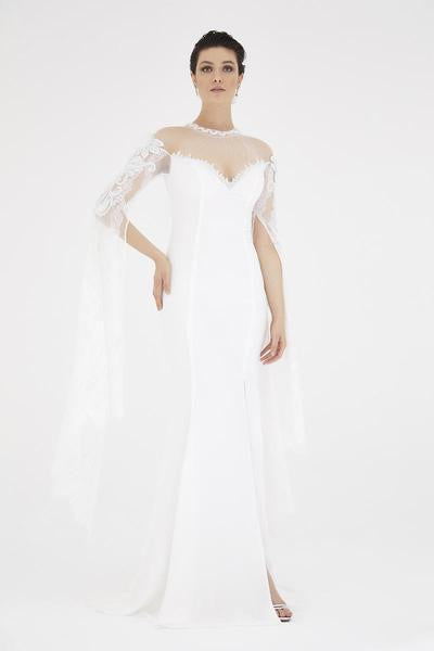 Saboroma - 4593 Split Cascade Sleeve Illusion Lace Long Gown In White