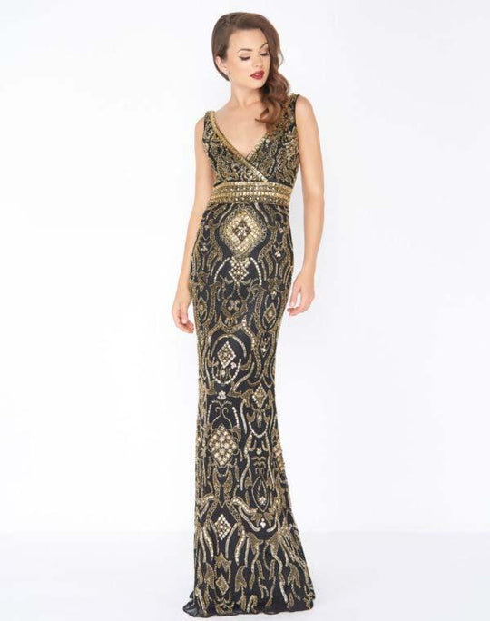 Mac Duggal - 4595R Gold Embellished V-neck Sheath Dress In Black and Gold