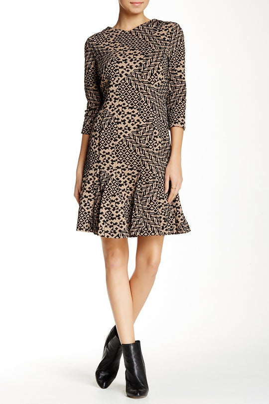 Taylor - 5641M Geometric Print Jacquard Dress in Brown and Print