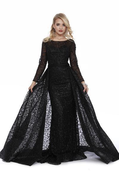 Shail K - 46026 Beaded Glitter Tulle Overskirt Illusion Gown in Black