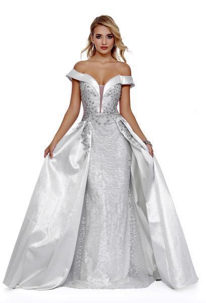 Shail K - 48716 Plunging Off Shoulder Metallic Overskirt Gown in Silver