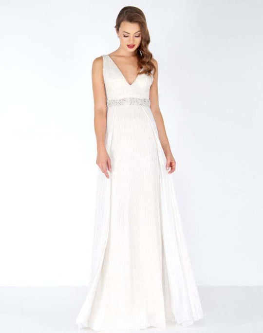 Mac Duggal - 4604R Bedazzled Deep V-neck A-line Dress In White
