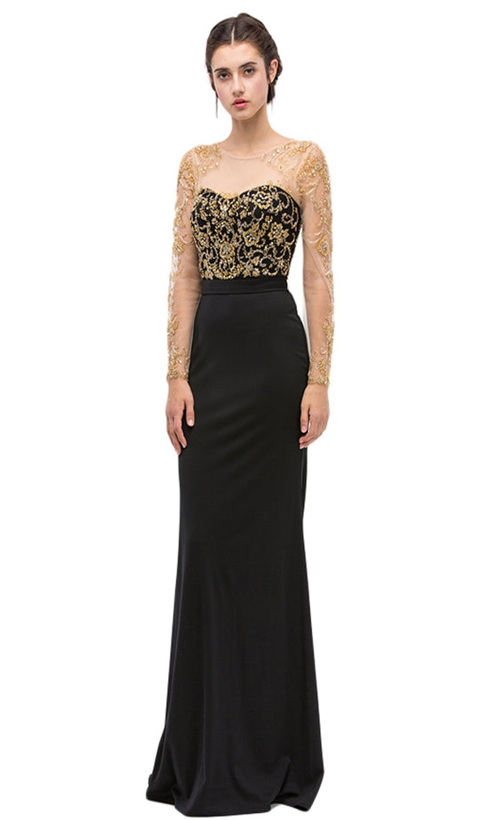 Illusion Bateau Neck Beaded Sheath Evening Gown