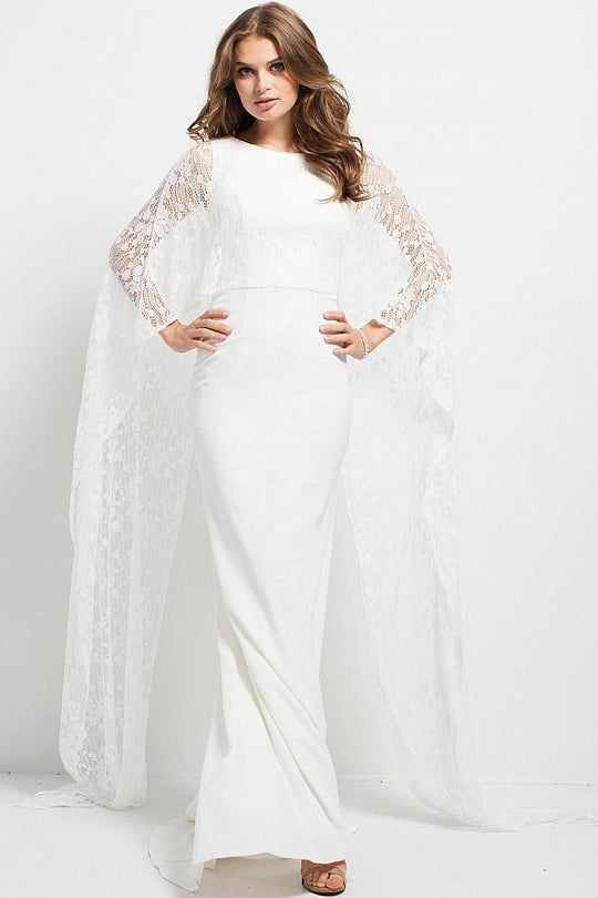 46072 Bateau Neck Lace Overlay Evening Gown