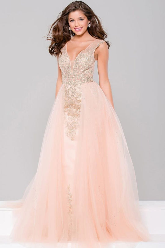 Embellished Column Dress with Tulle Overlay JVN46081