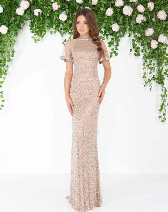 Mac Duggal - 4608D Bejeweled High Neck Sheath Dress In Brown