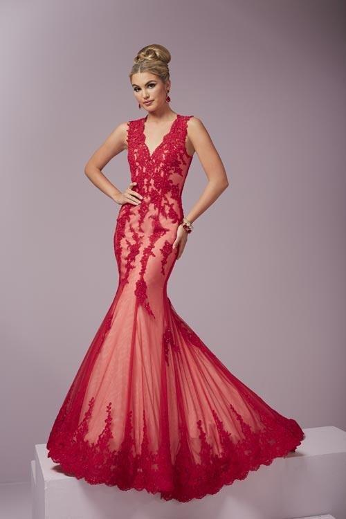 Tiffany Homecoming - Elegant Lace Applique Trumpet Long Evening Gown 46090 In Red and  Neutral