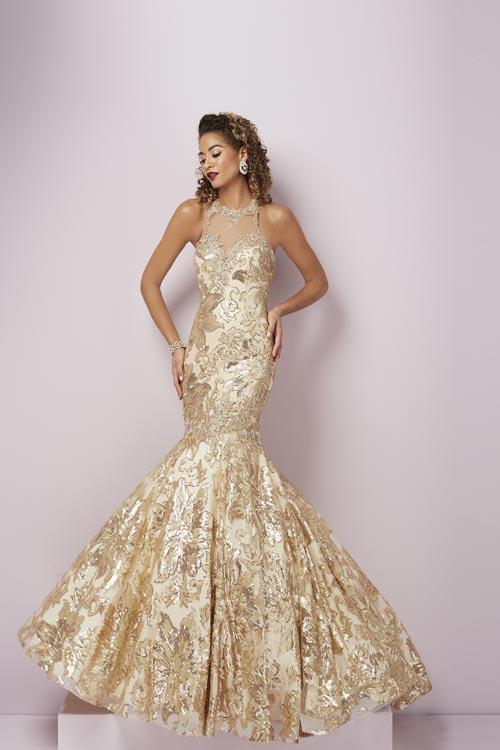 Tiffany Homecoming - 46095 Lace Appliqued Fitted Mermaid Gown In Gold and Neutral