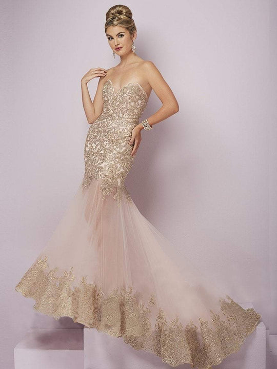 Tiffany Homecoming - 46096 Strapless Metallic Lace Mermaid Gown in Pink and Gold