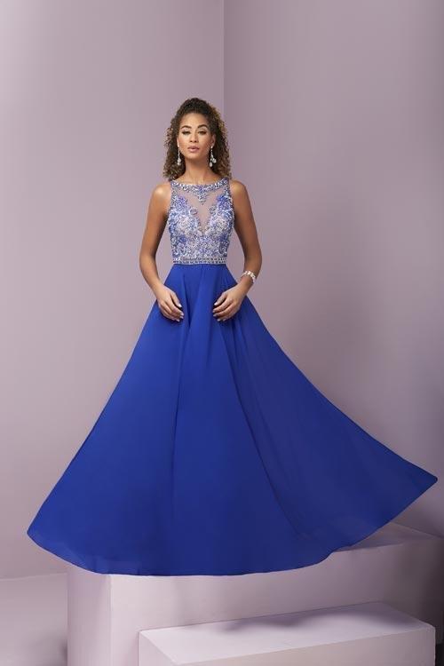 Tiffany Homecoming - Luxurious Beaded Illusion Neck Silky Chiffon A-line Dress 46101 In Blue