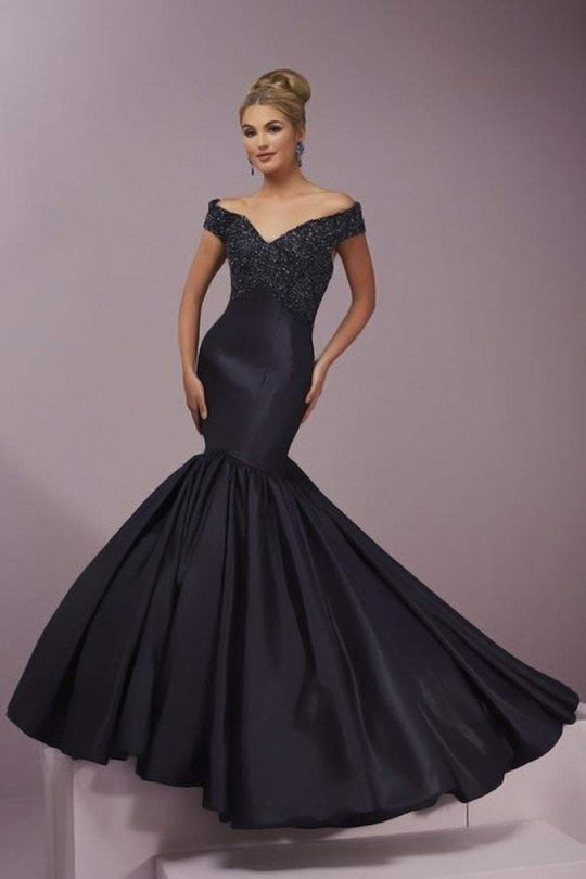 Tiffany Homecoming - Crystal Encrusted Off-Shoulder Mermaid Evening Gown 46108 in Black