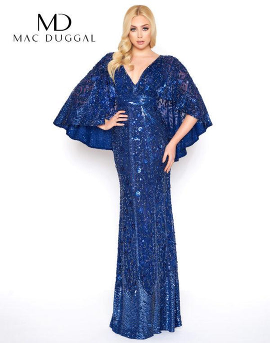 Mac Duggal - 4611D Caped V-Neck Evening Gown in Blue