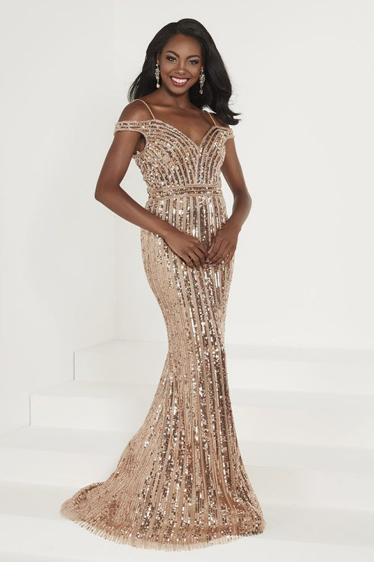 Tiffany Designs - 46179 Beaded Plunging Off-Shoulder Mermaid Dress In Pink and Gold