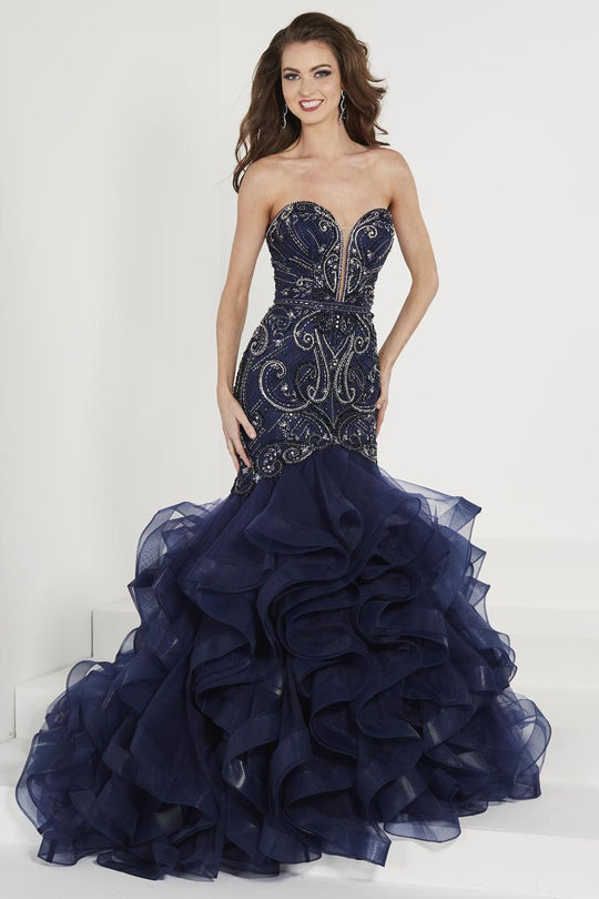 Tiffany Designs - 46180 Beaded Deep Sweetheart Ruffled Mermaid Dress In Blue