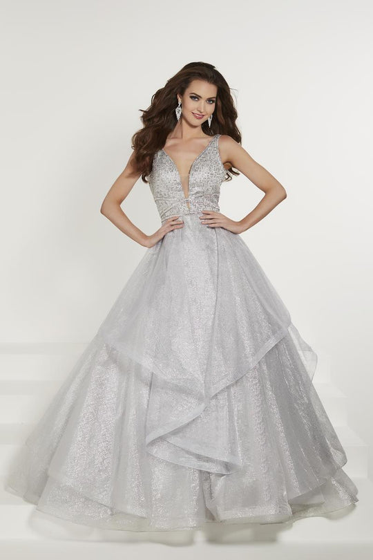 Tiffany Designs - 46189 Rhinestone Embellished Deep V-neck Ballgown In Silver
