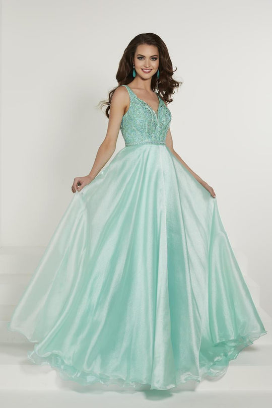 Tiffany Designs - 46195 Beaded Plunging V-Neck Evening Gown In Blue and Green
