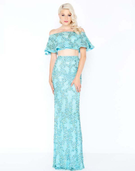 Mac Duggal - 4620M Two Piece Ruffle Beaded Sheath Gown In Blue