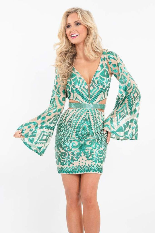 Rachel Allan - 4623 Illusion Angel Sleeve Sequined Cutout Dress in Green