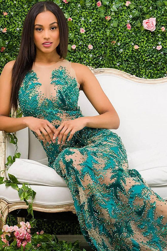 46282 Beaded Illusion Jewel Embroidered Dress