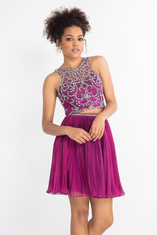 Rachel Allan - 4629 Two Piece Beaded Sheer Halter Chiffon A-line Dress in Purple