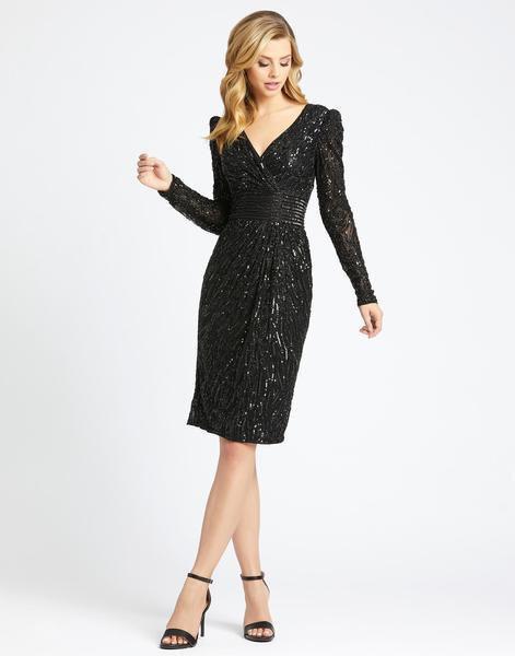 Mac Duggal Evening - 4632D Puffed Long Sleeve Sequined Surplice Dress In Black