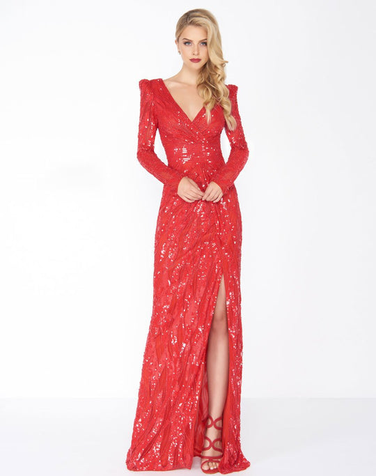 Mac Duggal - 4635R Long Dynasty Sleeve Sequined High Slit Gown In Red