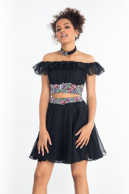 Rachel Allan - 4639 Two Piece Beaded Chiffon Off-Shoulder A-line Dress in Black