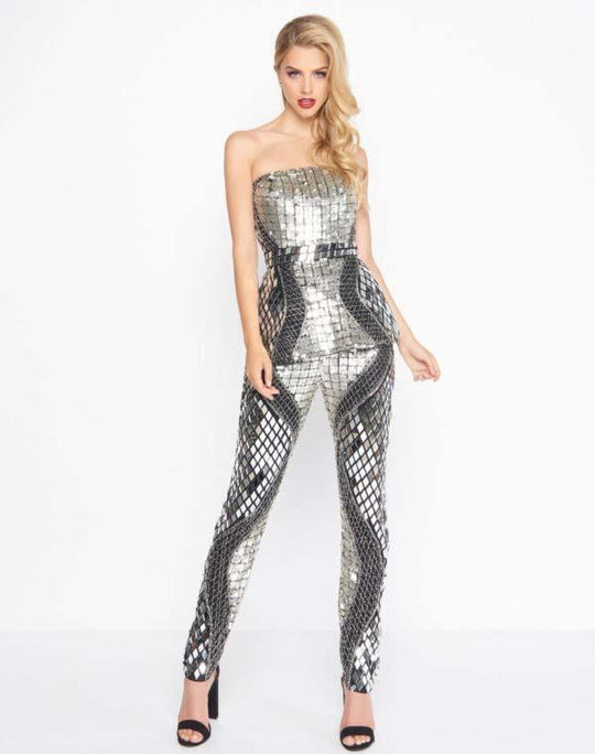 Mac Duggal - 4641R Two Piece Embellished Jumpsuit In Black and Silver