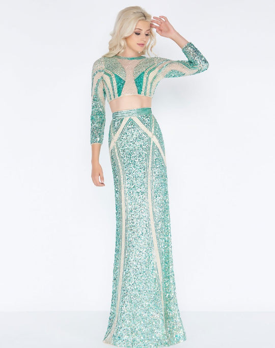 Cassandra Stone - 4660A Long Sleeve Sequined Two-Piece Gown In Green and Neutral