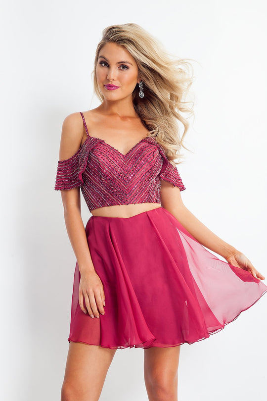 Rachel Allan - 4667 Two Piece Beaded V-neck Chiffon A-line Dress In Red