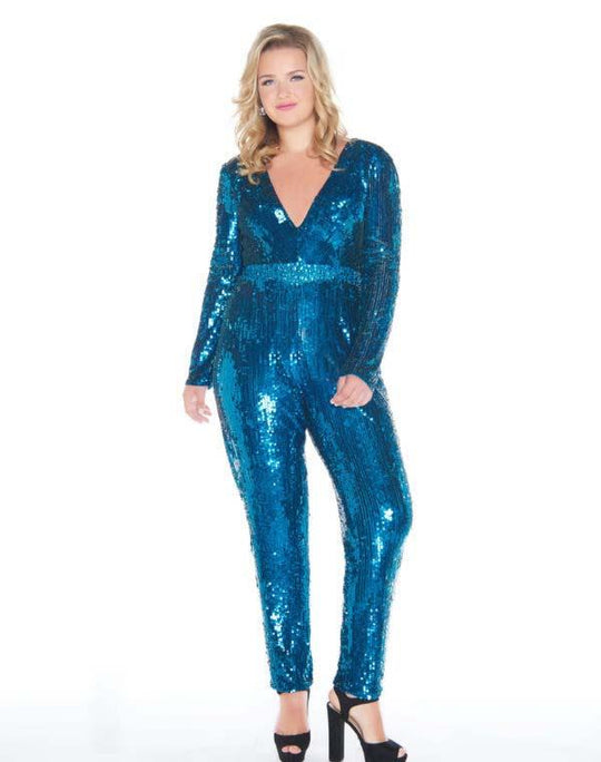 Mac Duggal - 4678F Sequined Deep V-neck Jumpsuit In Blue