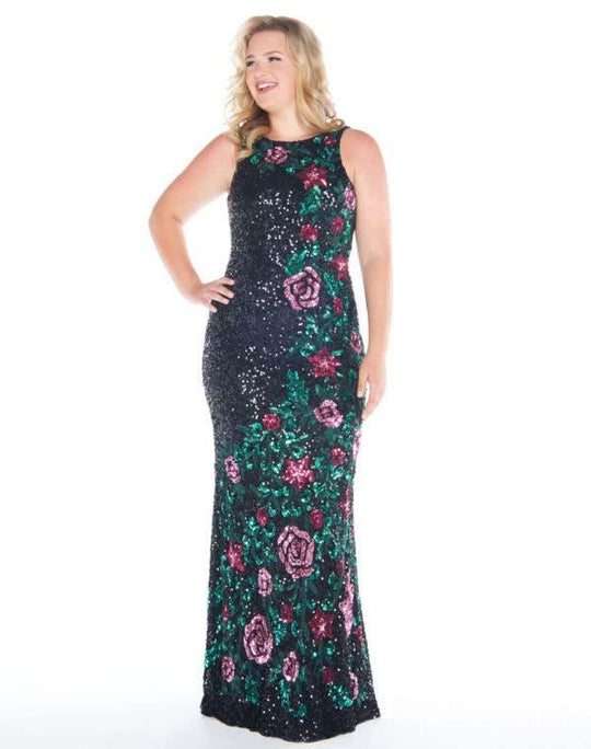 Mac Duggal - 4679F Floral Sequined Bateau Sheath Dress In Black and Multi-Color