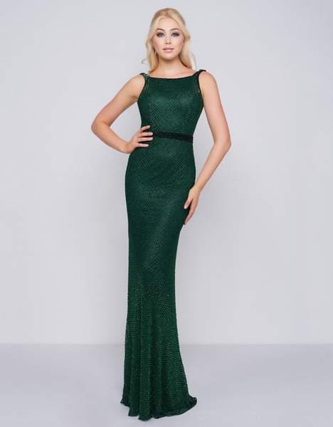 Cassandra Stone - 4709A Square Neck Drape Back Beaded Net Sheath Gown In Green