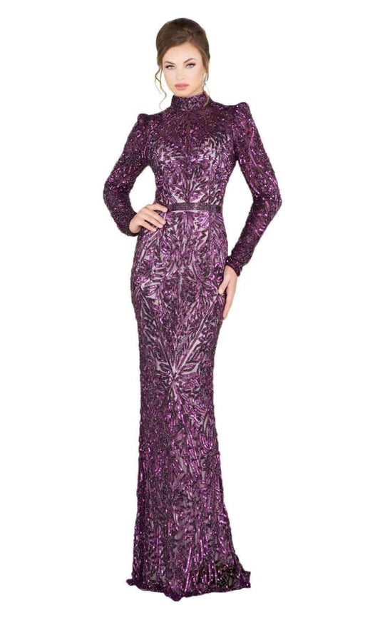 Mac Duggal Couture - 4729D Sequined High Neck Long Sleeves Gown In Purple