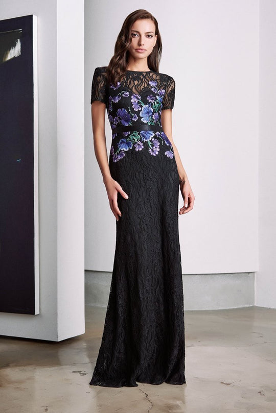 Tadashi Shoji - Short Sleeve Embroidered Lace Gown In Floral and Black