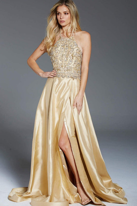 47687 Beaded High Halter A-Line Gown