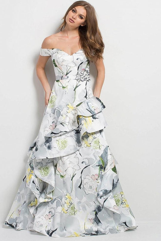 47695 Off Shoulder Floral Ruffled Gown