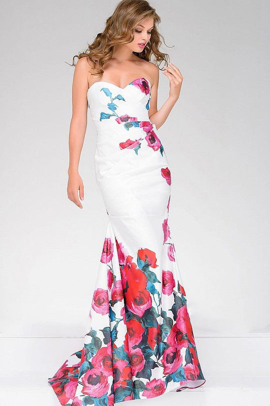 White Fitted Dress with Floral Print 47805